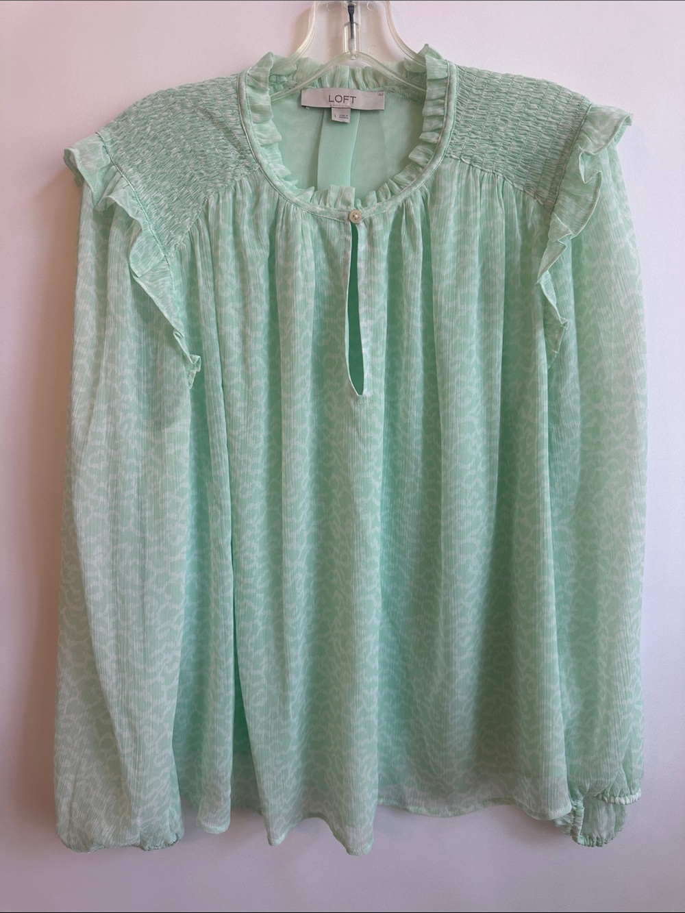 LOFT Mint Green Ruffle-Trim Long Sleeve Blouse
